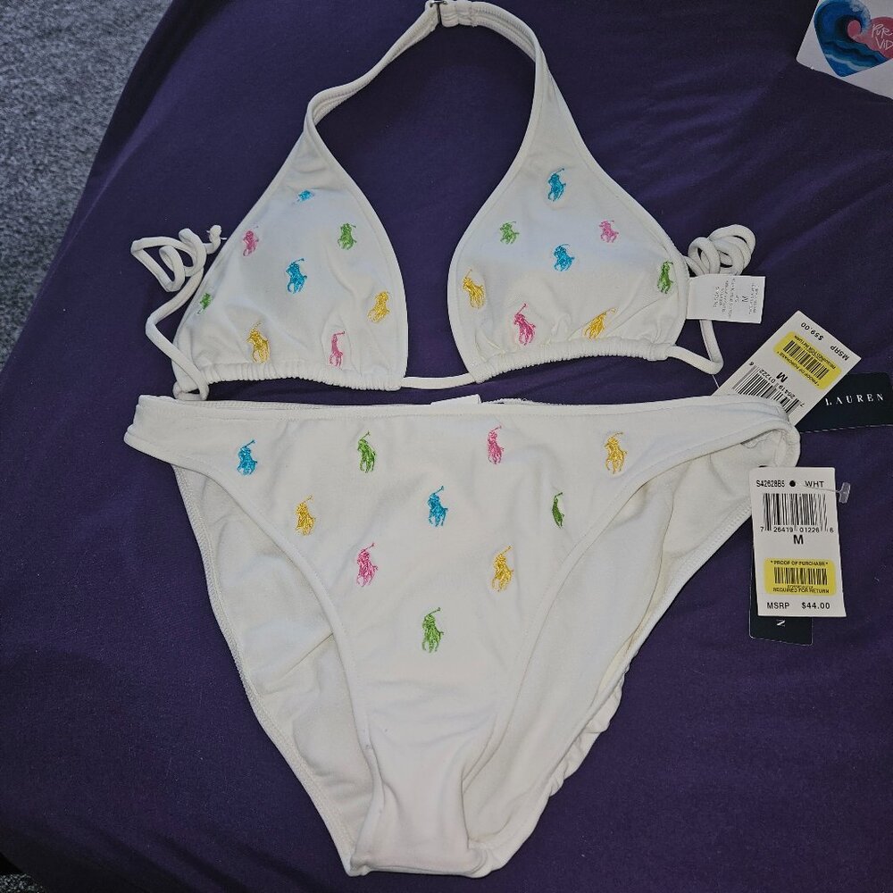 Ralph Lauren White Bikini with Multicolor Logo